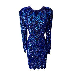 Vintage Joan Leslie Evenings  Stunning Peacock Sequin Beaded Silk Cocktail Dress